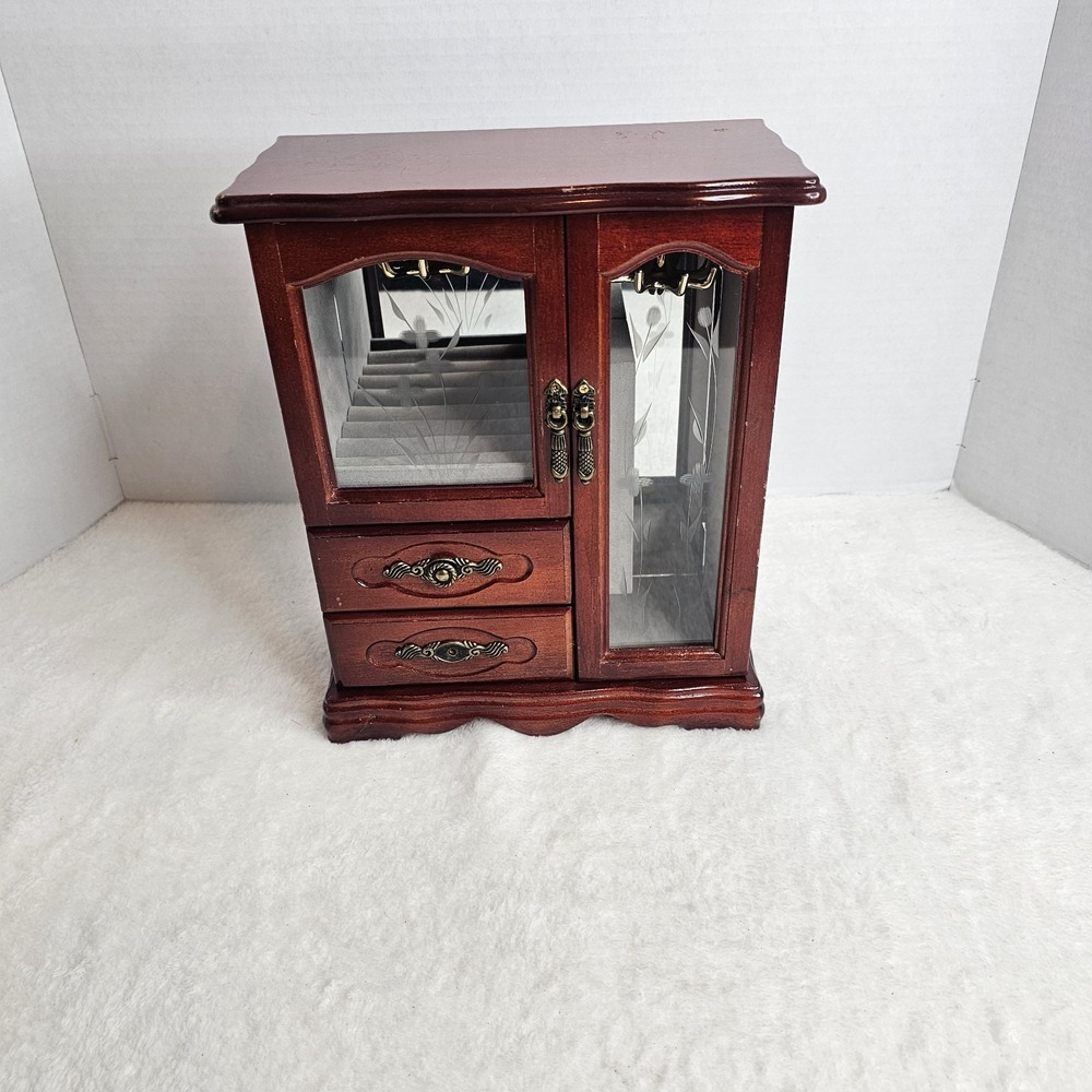 Jewelry Armoire Box Cherry Brown Etched Glass Wood Vintage 80s drawers necklace
